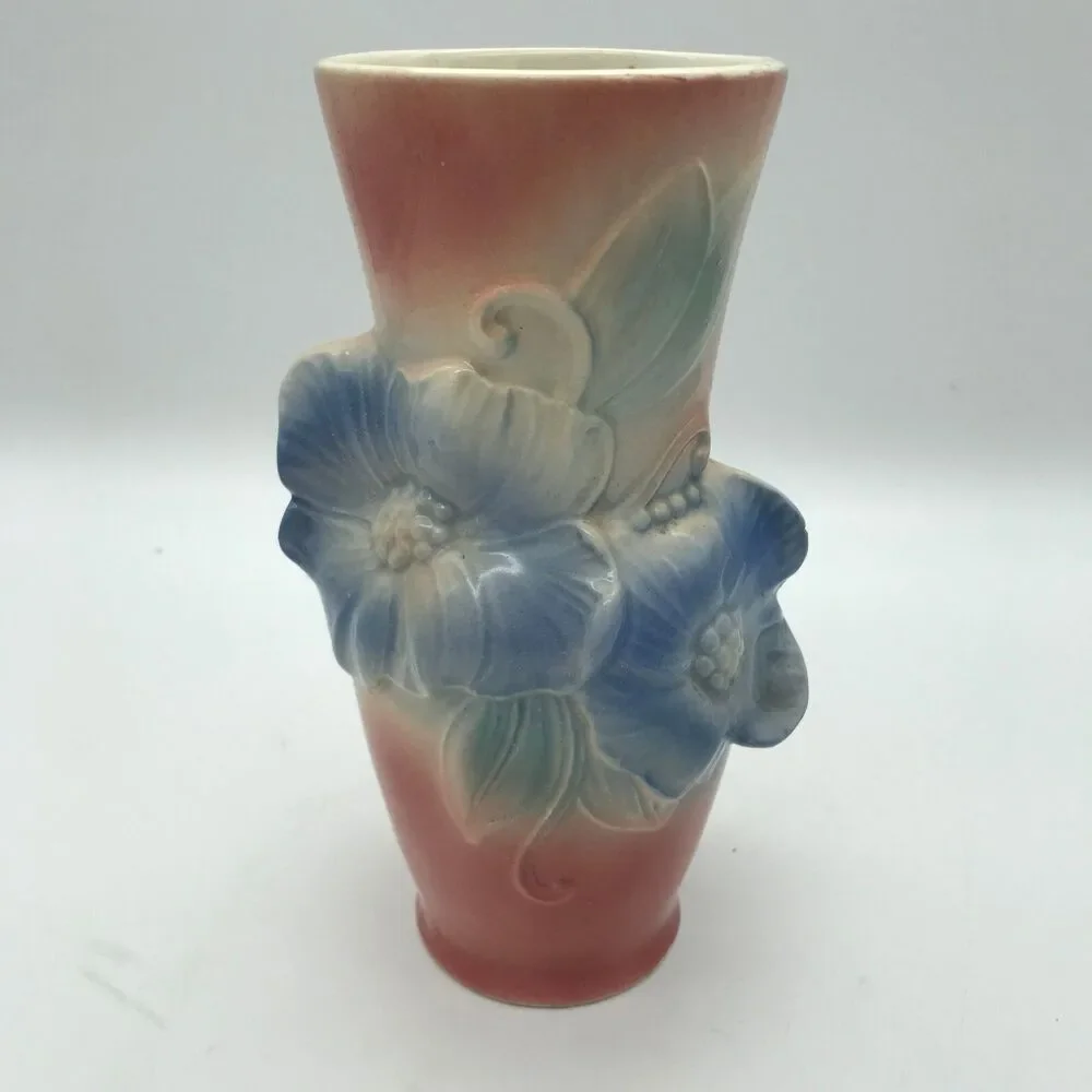 Vintage Royal Copley Pottery Carol's Corsage Pink Blue Floral Relief Vase 7 inch